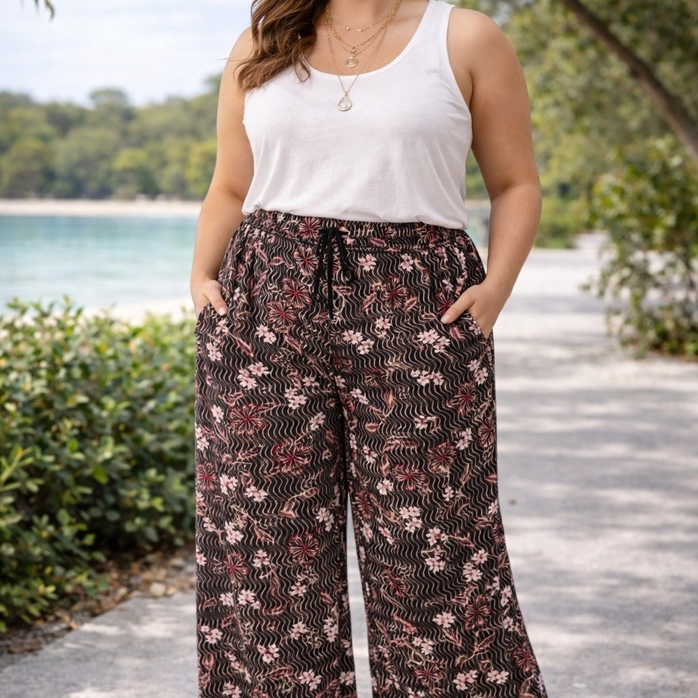 Denim 24/7 Women's 22W Rayon Floral Wide‎ Leg Pants Drawstring Waist Boho Brown